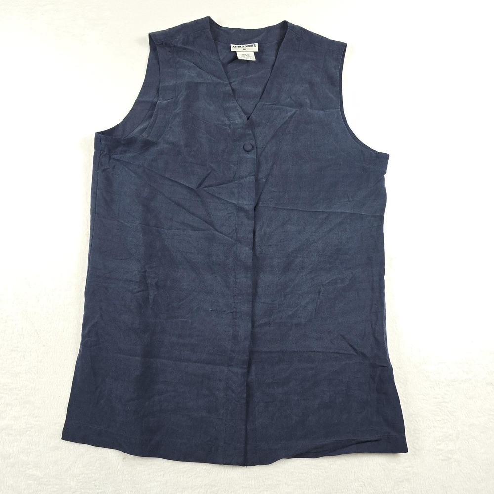 Alfred Dunner Navy Blue 100% Silk V-Neck Single Button Vest Blouse Womens 10